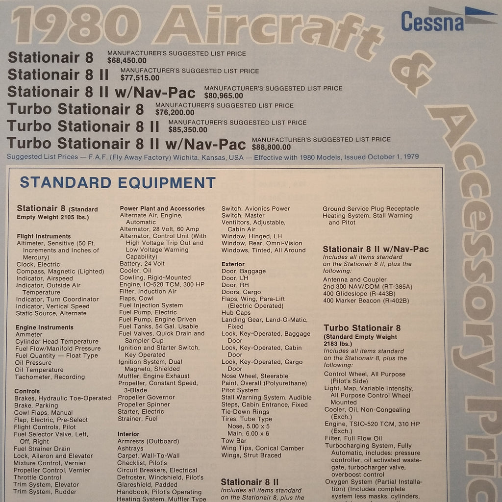 Original 1980 Cessna Stationair 8 & Turbo Stationair 8 Aircraft & Accessory Price List Brochure. 4 page, 8.25 x 10.75".