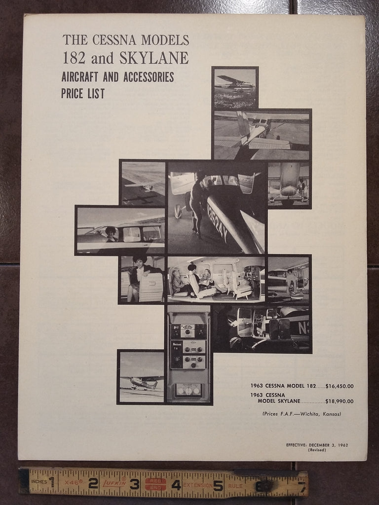 Original 1963 Cessna 182 Aircraft & Accessory Price List Brochure. 4 page,  8.5 x 10.5".
