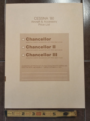Original 1980 Cessna Chancellor II III Aircraft & Accessory Price List Trifold Brochure.  8 x 10.5".