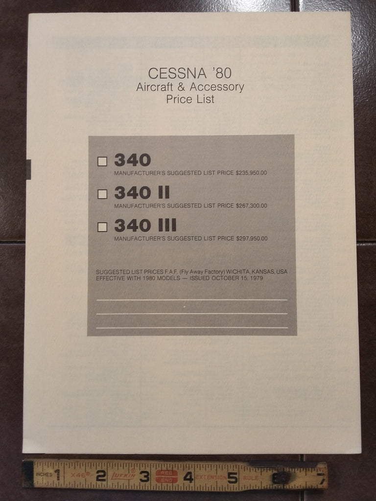 Original 1980 Cessna 340, 340 II & 340 III Aircraft & Accessory Price List Trifold Brochure.  8 x 10.5".