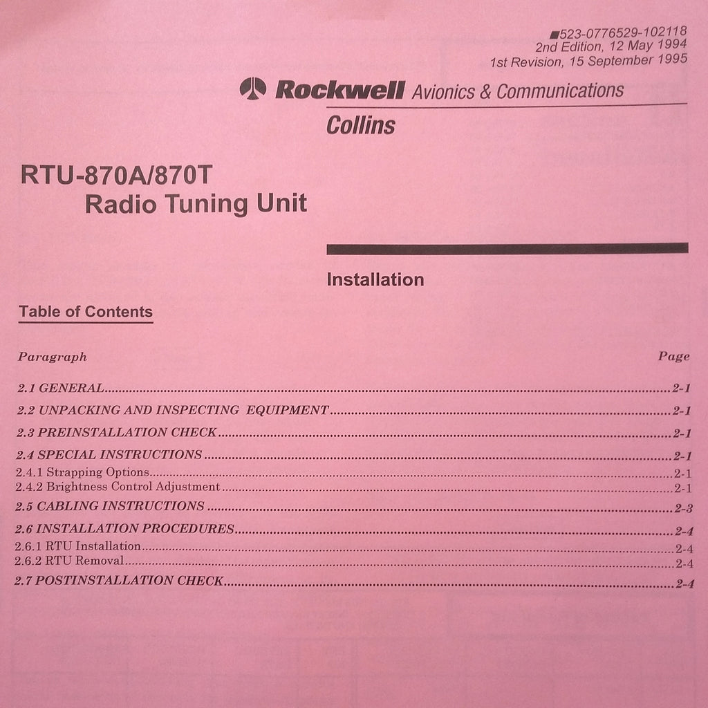 Collins RTU-870A, RTU-870T Radio Tuning Unit install manual.