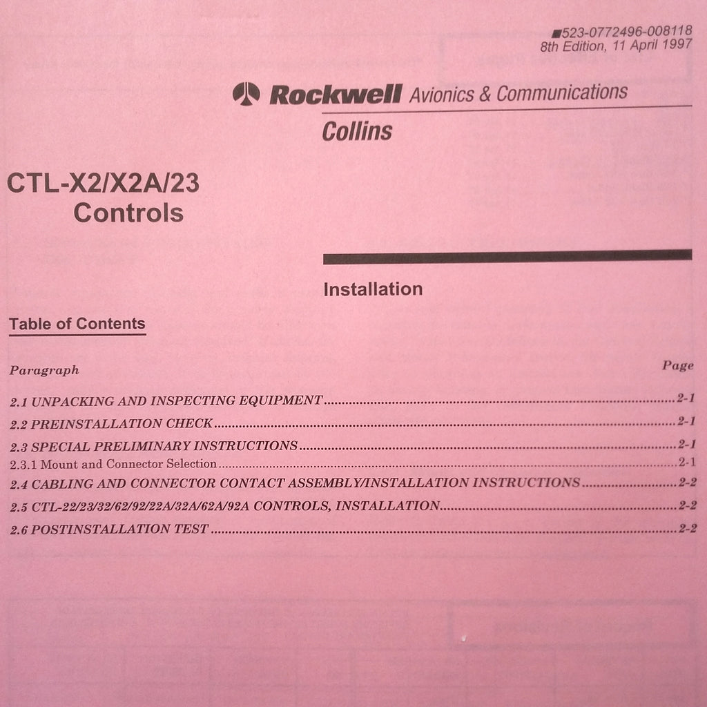 Collins CTL-X2, X2A & 23 Controls Install Manual.