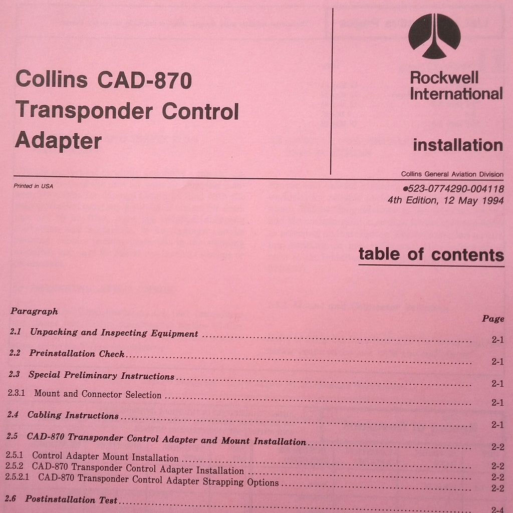 Collins CAD 870 Transponder Control Install manual.