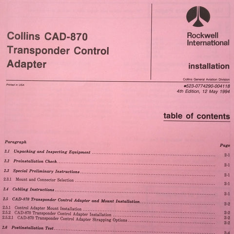 Collins CAD 870 Transponder Control Install manual.