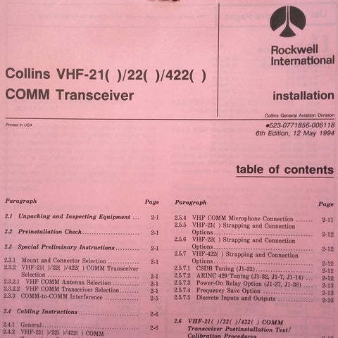 Collins VHF-21, VHF-22, & VHF-422 Comm Install manual.
