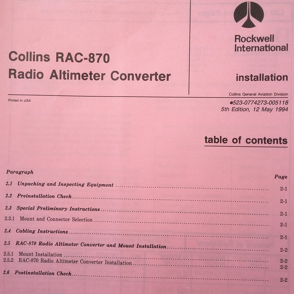 Collins RAC-870 Radio Altimeter Converter install manual.