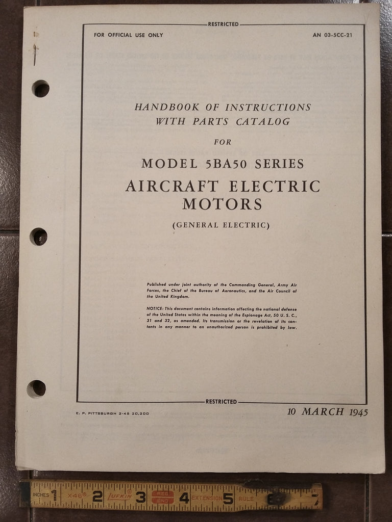 GE Aircraft Electric Motors 5BA50 Service & Parts Manual.