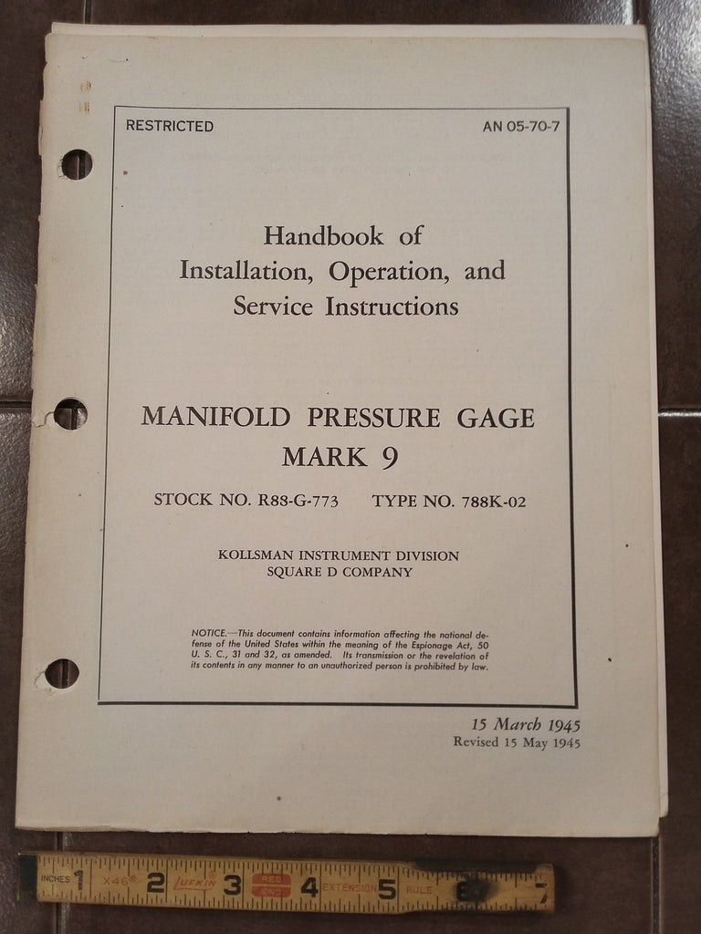 Kollsman Manifold PSI Gauge, Mark 9 Install Ops & Service Manual. 788K-02