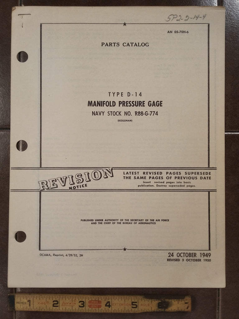 1949 1950 Kollsman Manifold PSI Gauge Type D-14 Parts Manual.
