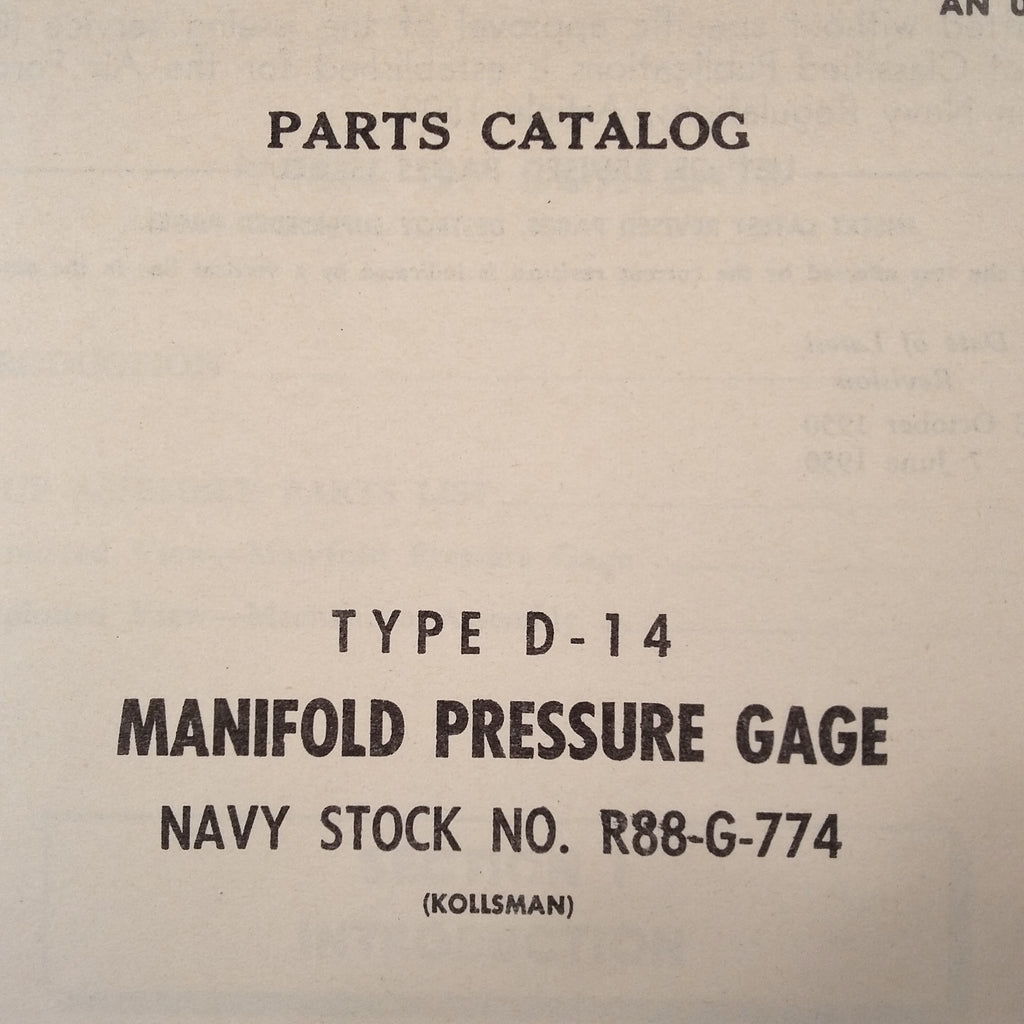Kollsman Manifold PSI Gauge Type D-14 Parts Manual.
