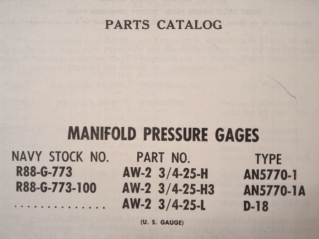 U.S. Gauge Manifold PSI Gauges AN5770-1, AN5770-1A & D-18 Parts Manual.