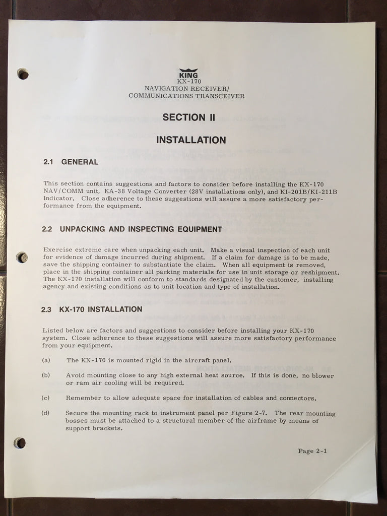 King KX-170 Nav Com Install Manual.