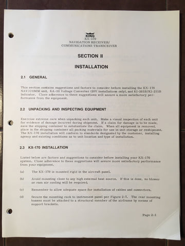 King KX-170 Nav Com Install Manual.