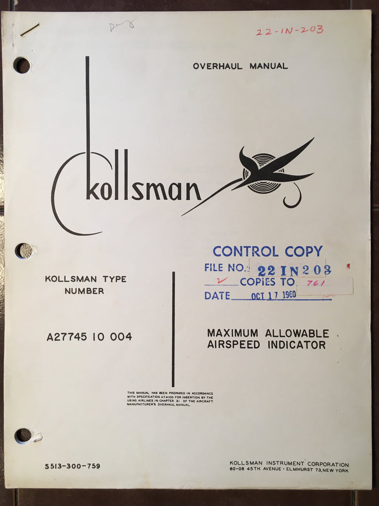 Kollsman Maximum Allowable Airspeed Indicator A27745-10-004 Overhaul Instructions.