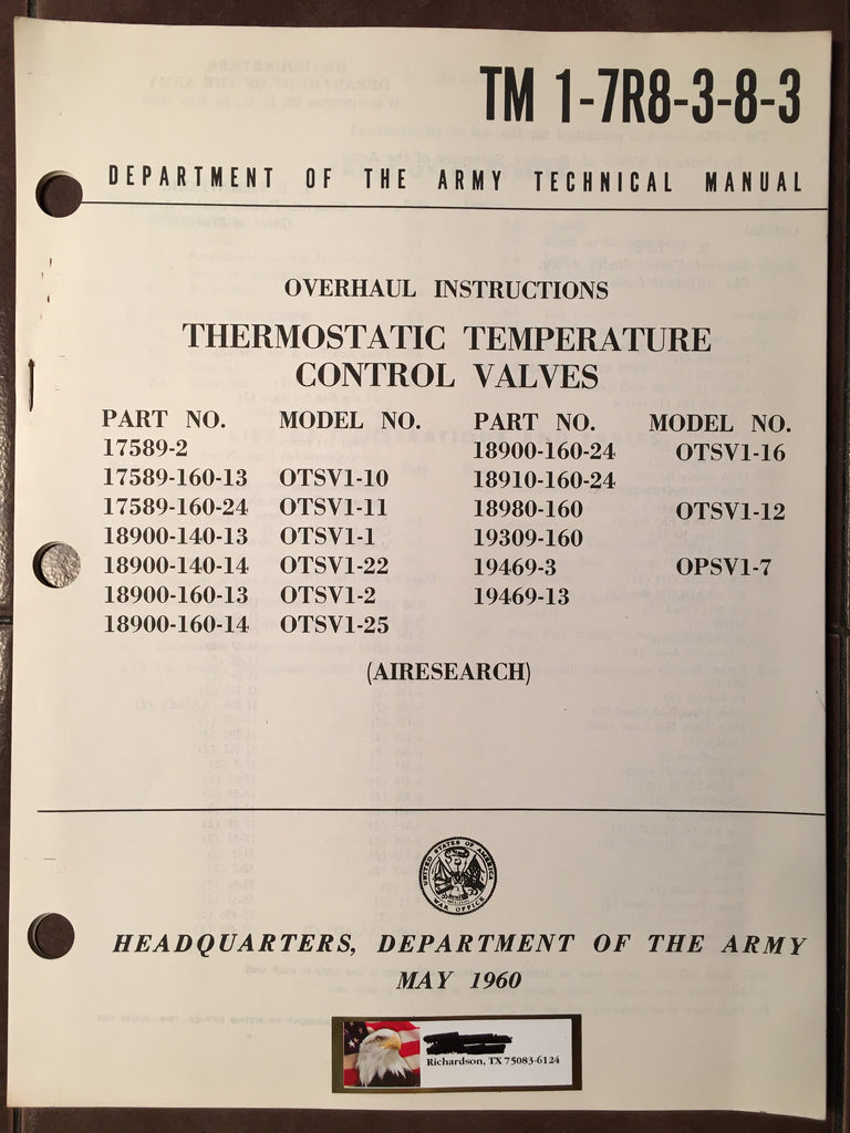 Airesearch Thermostatic Temperature Control Valves 0TSV1 Series Overhaul Manual