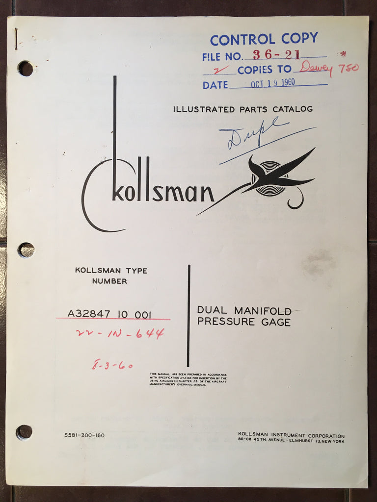 Kollsman Dual Manifold Pressure Gage A32847-10-001 Parts Instructions.