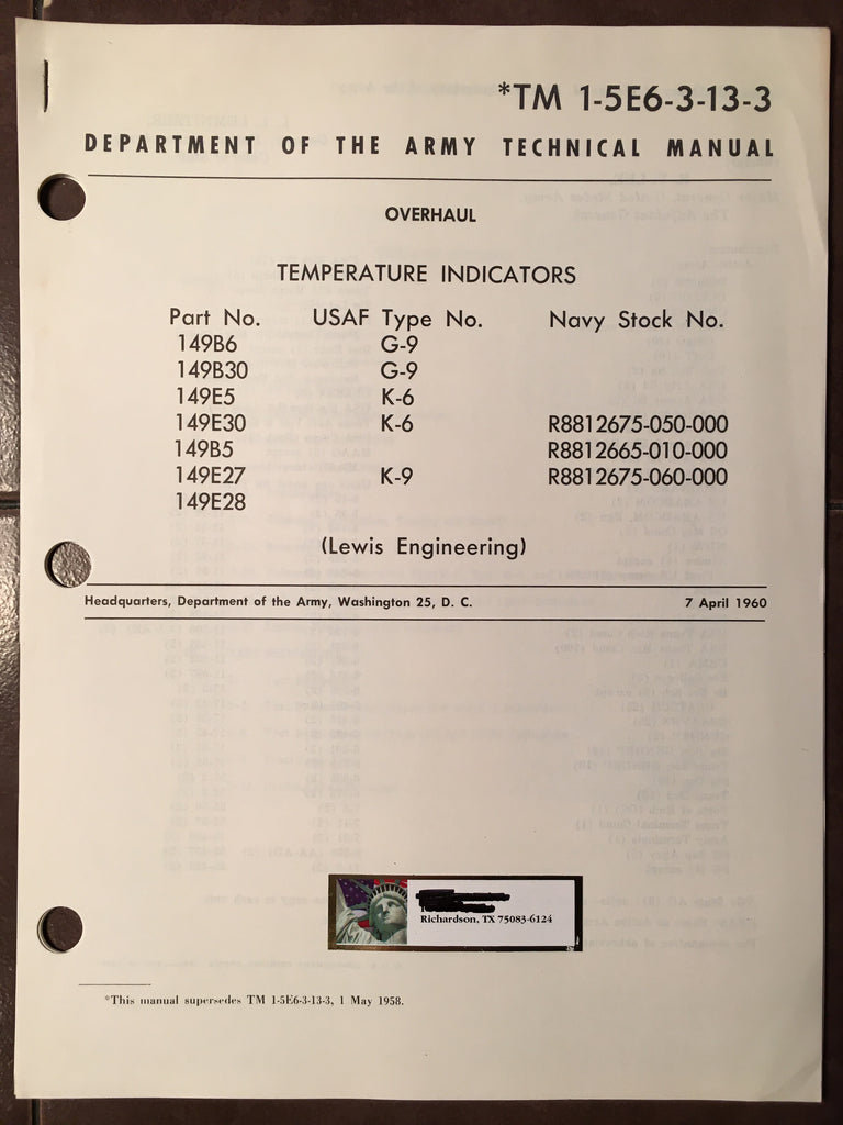 Lewis Temperature Indicators G-9, K-6 & K-9 Overhaul Manual.