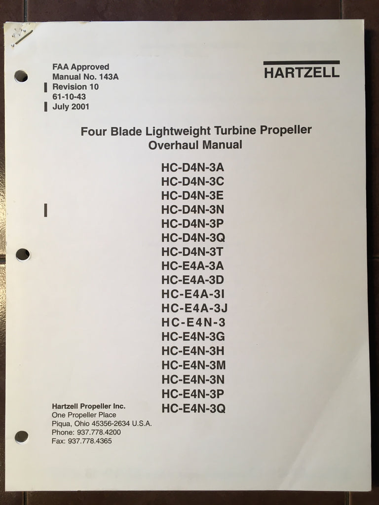 Hartzell Four Blade Lightweight Turbine Propeller Overhaul Manual.