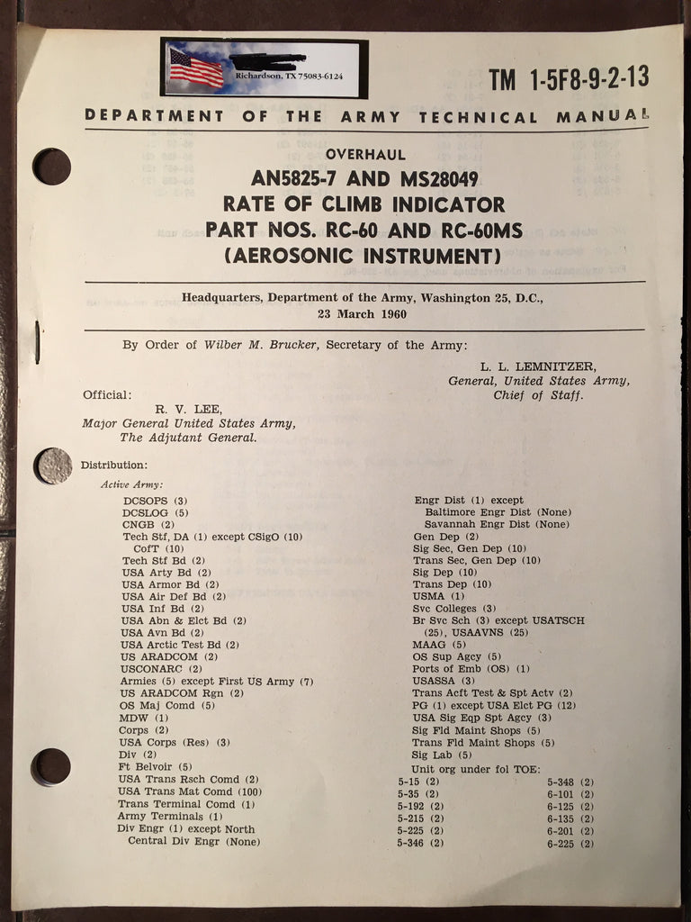 Aerosonic RC-60 & RC-60MS Rate of Climb Overhaul Booklet Manual.