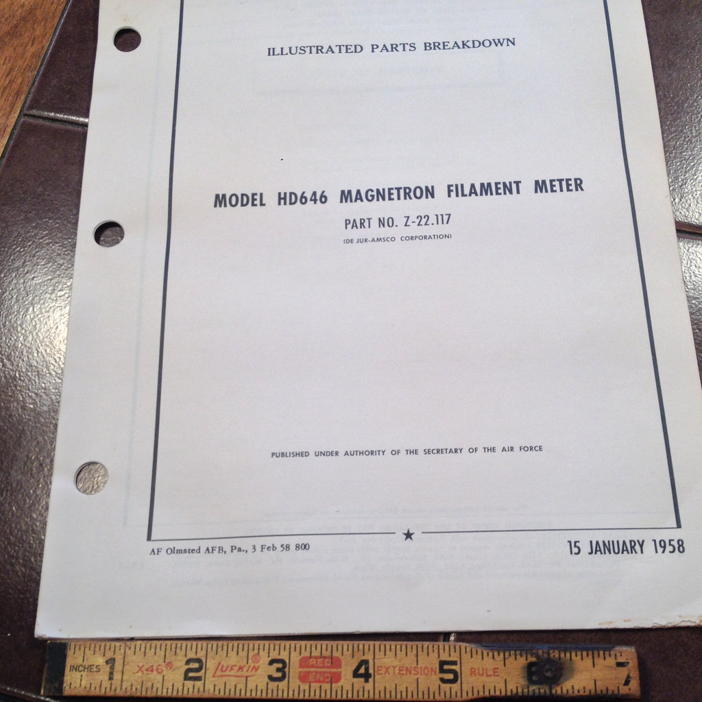1958 De Jur-Amsco Corp., HD646 pn Z-22.177 Magnetron Filament Meter Parts Manual.
