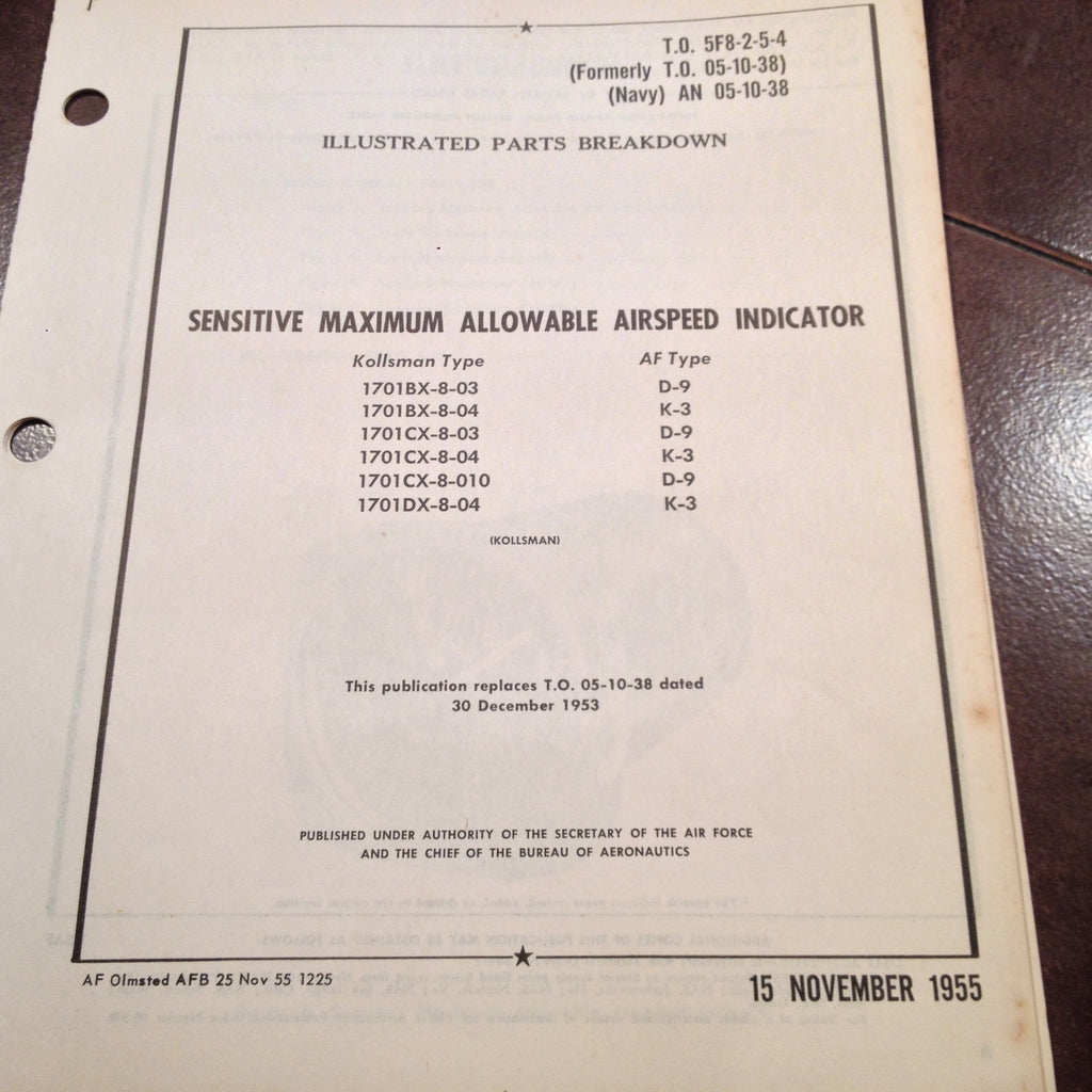 Kollsman Sensitive Max Allowable Airspeed Indicators Parts Manual.