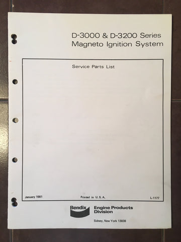Bendix D-3000 & D-3200 Magnetos Parts Lists Instruction Manual.