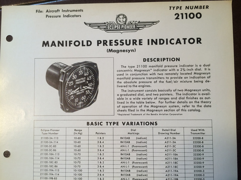 Bendix Eclipse-Pioneer Manifold Pressure Indicator Magnesyn Type 21100 Description & Interconnect Pin-outs Data Sheet.  Circa 1956.