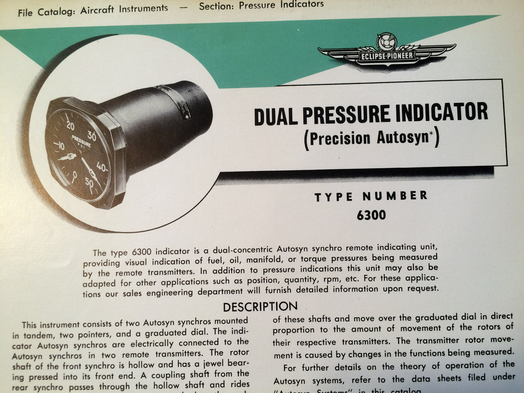 Bendix Eclipse-Pioneer Dual Pressure Autosyn Type 6300 Description, Interconnect Pin-outs & Internal Schematic Data Sheet.  Circa 1956.