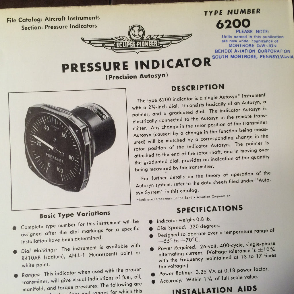 Bendix Eclipse Pioneer Pressure Indicator Autosyn Type 6200 Description & Interconnect Pinout Data Sheet.  Circa 1956.