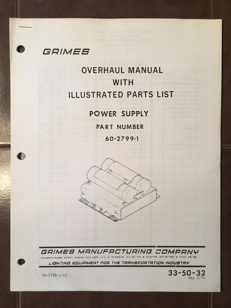 Grimes Power Supply 60-2799-1 Overhaul & Parts Manual.
