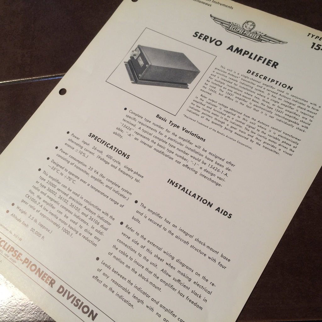Bendix Eclipse Pioneer Servo Amplifier Type 15426 Description & Interconnect Pinout Data Sheet.  Circa 1956.
