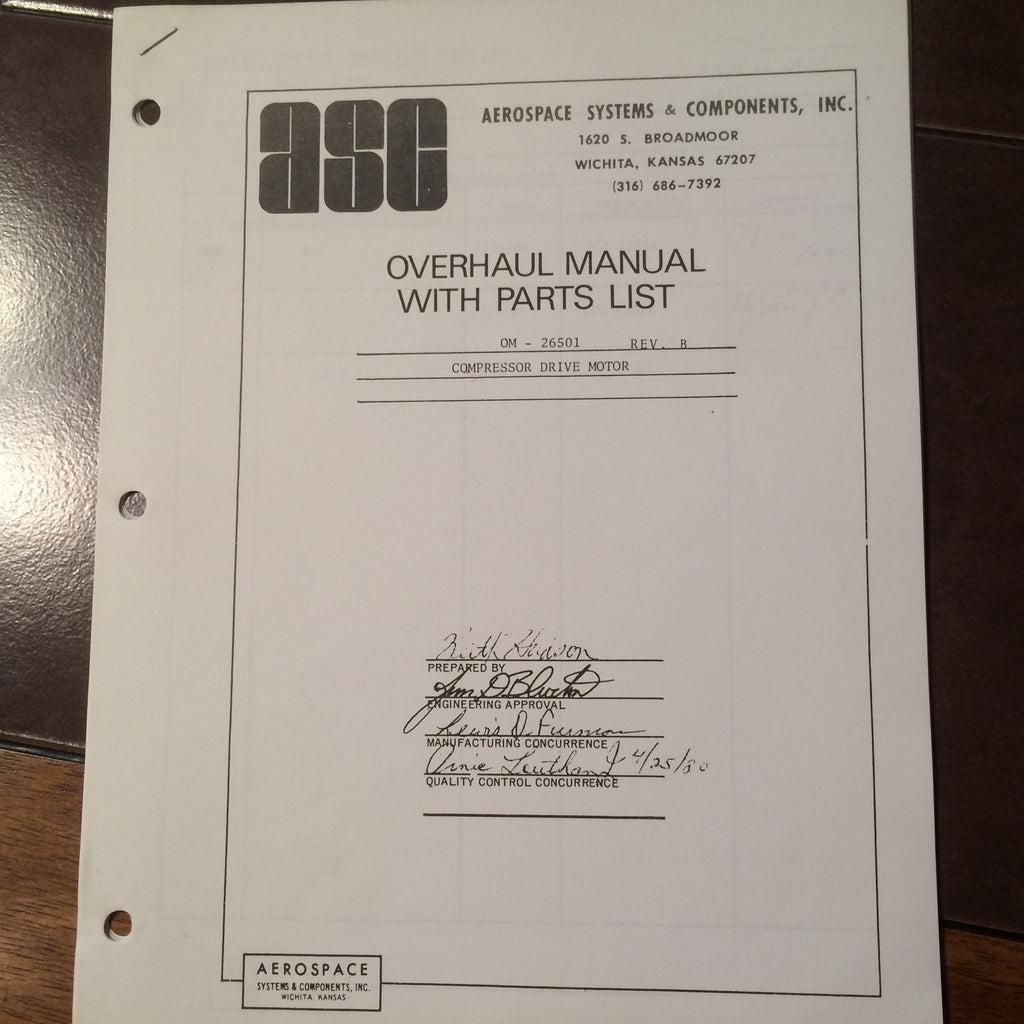 ASC Aerospace Systems & Components, Inc. Compressor Drive Motor OM-26501 Overhaul Manual.  Circa 1981.