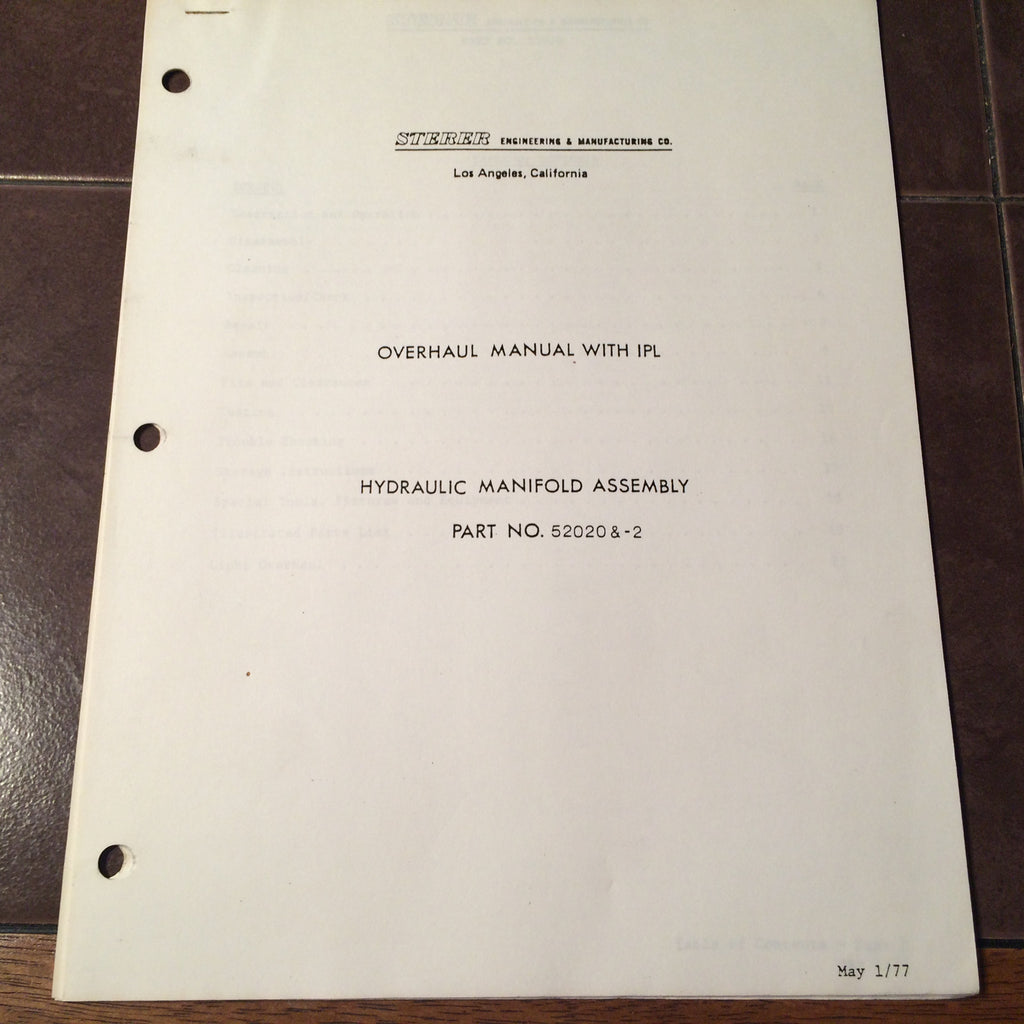 Sterer 52020 and 52020-2 Manifold Assembly Overhaul & Parts Manual.  Circa 1977.