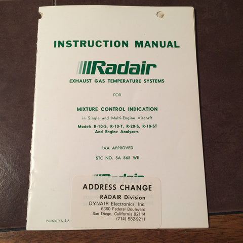 Radair Single & Twin EGT Instruction Manual for R-10-S, R-10-T, R-20-S & R-10-ST.