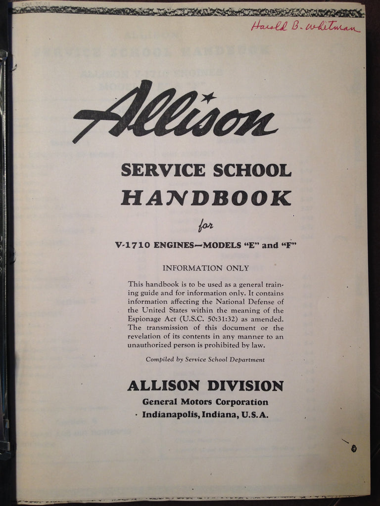 GM Allison V-1710E & V-1710F Engine Service School Manual.