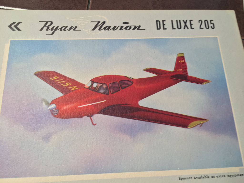 Original 1950 Ryan Navion" DE-LUXE 205", 4 page Sales Brochure, 8x10.5".