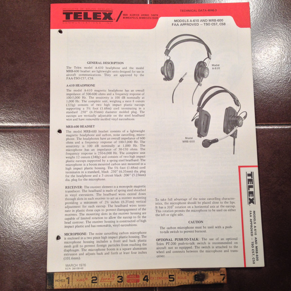 Telex A-610-1 and MRB-600 Headset Technical Data Sheet.