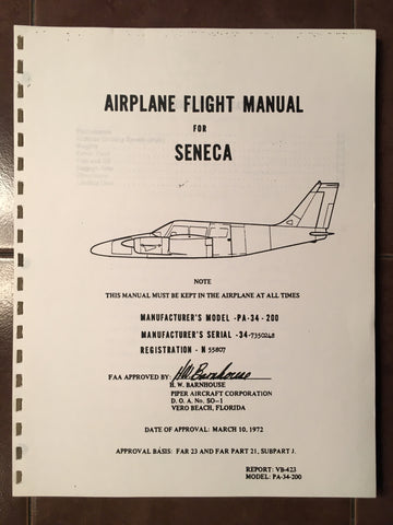Piper Seneca PA-34-200 Airplane Flight Manual.
