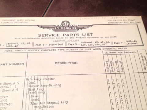 1950s Eclipse-Pioneer Airspeed Indicators 1402, 1423, 1415, 1426, 1432 Parts Manual.