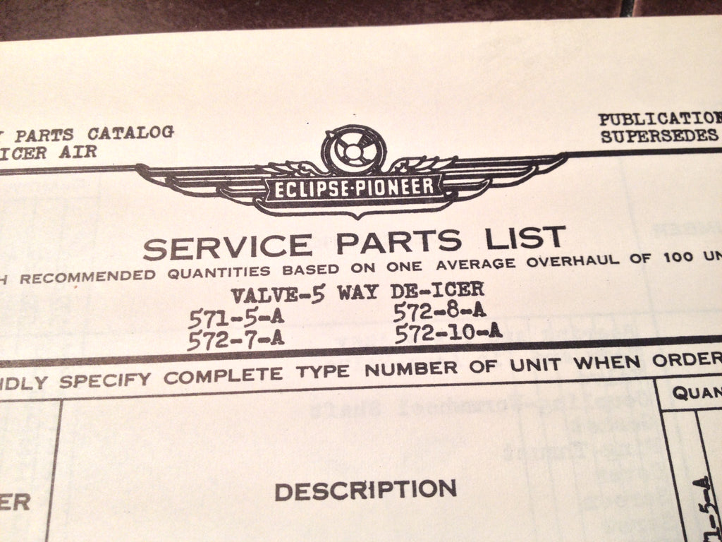 1950s Eclipse-Pioneer Valve-5 Way De-Icer Parts Manual.