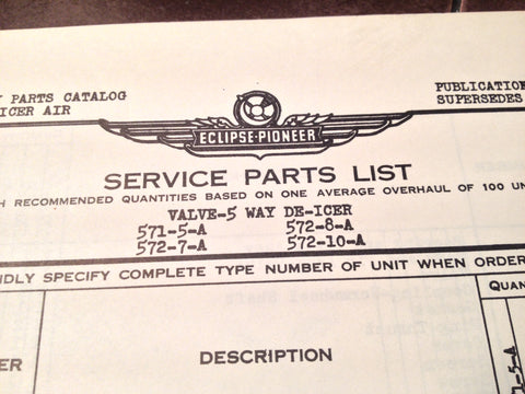 1950s Eclipse-Pioneer Valve-5 Way De-Icer Parts Manual.
