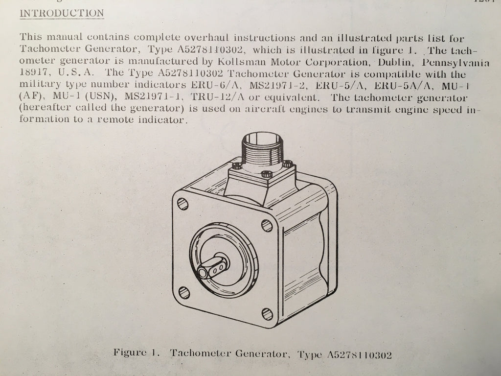 Kollsman Tachometer Generator A5278110302 Overhaul & Parts Manual.