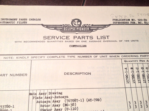 1950s Eclipse-Pioneer Automatic Pilots Controller Parts Manual.