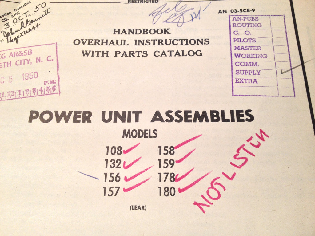 1945-1950 Lear Power Unit Assemblies 108 132 136 157 158 159 178 & 180 Overhaul Parts Manual.