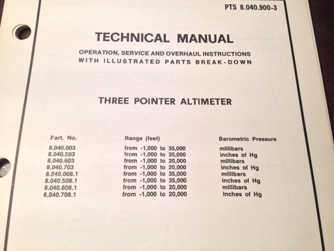 Aeritalia Three-Pointer Altimeters Service, Overhaul & Parts Manual.