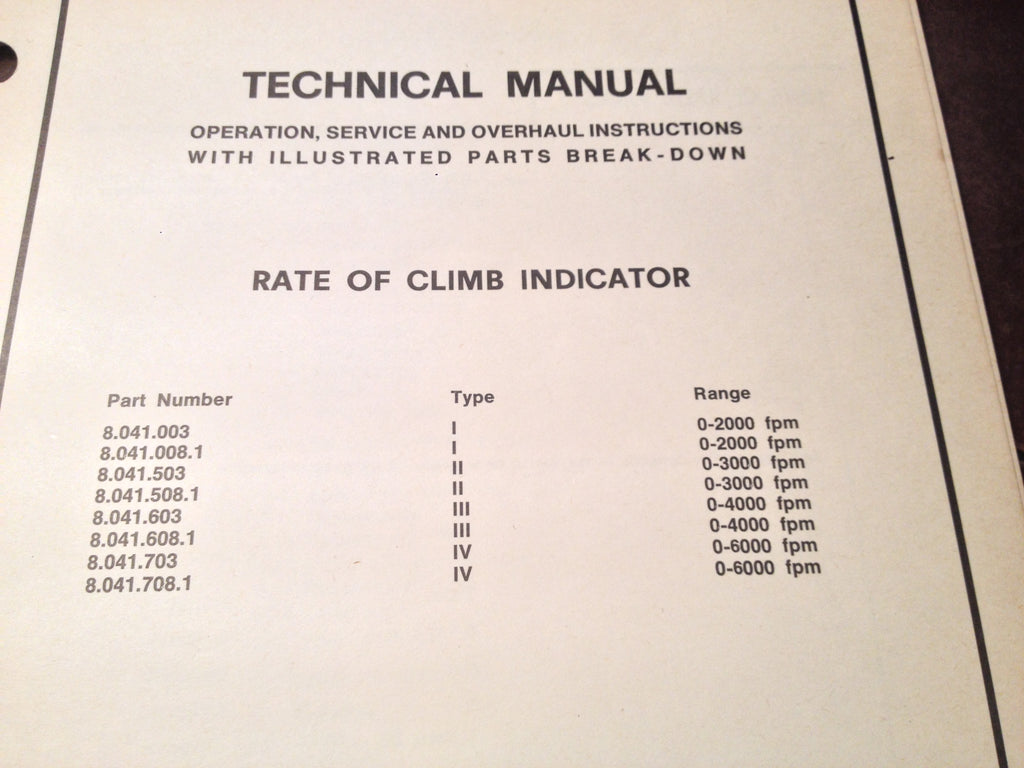 Aeritalia Rate of Climb Indicators Service, Overhaul & Parts Manual.