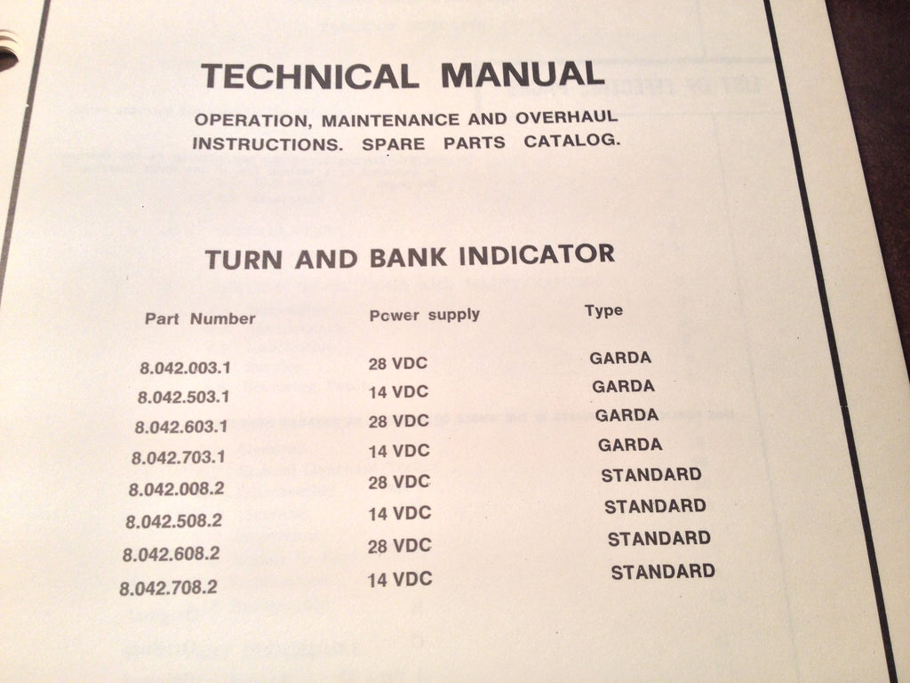 Aeritalia Turn & Bank Indicators Service, Overhaul & Parts Manual.