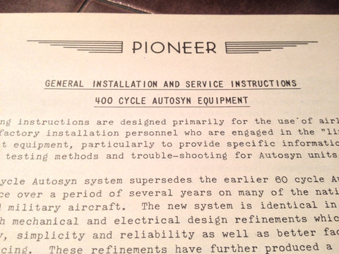 1941 Bendix Pioneer General Install & Service Instructions for 400 Hz Autosyn Equipment Booklet.