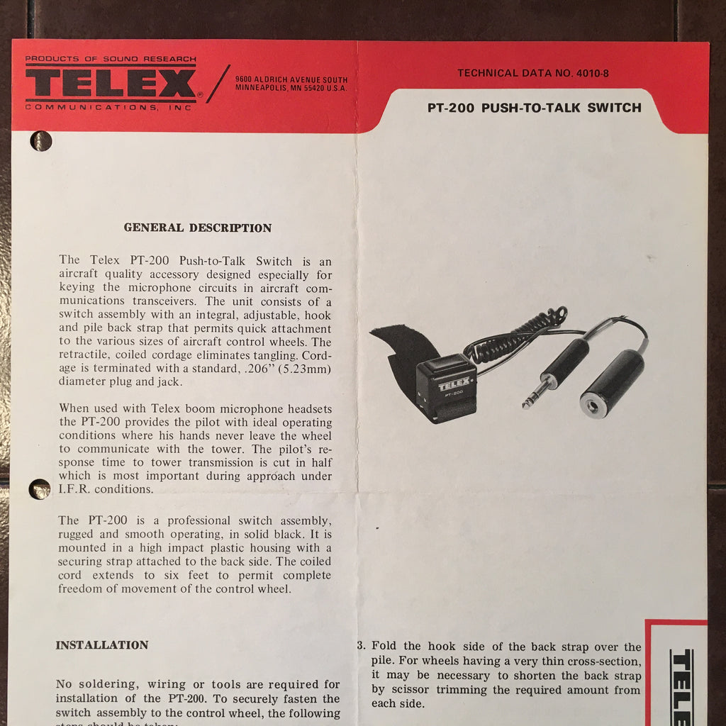 Telex PT-200 PTT Switch Technical Data Sheet.