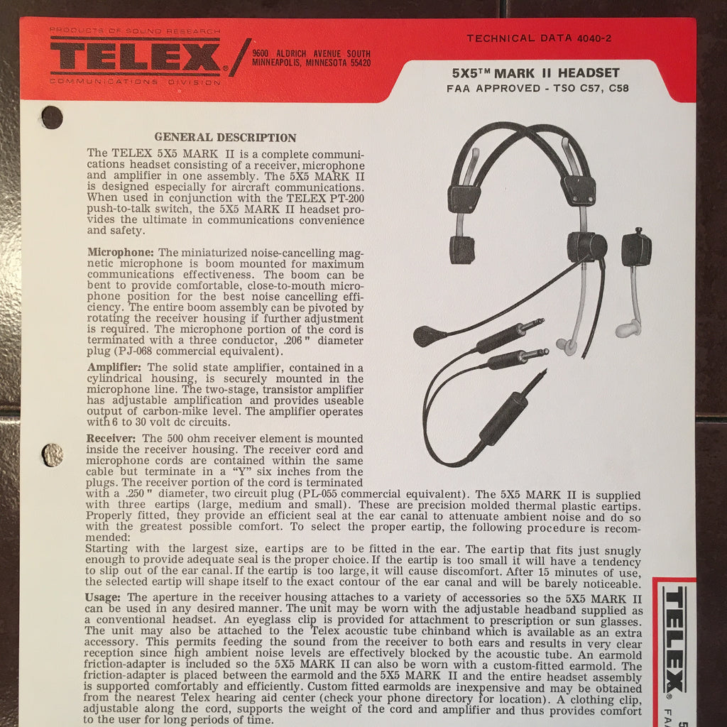 Telex 5X5 Mark II Headset Tech Data Sheet.